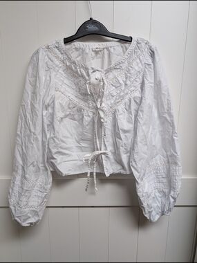 Aerie Boho Tie-Front White Peasant Blouse, XS -Small